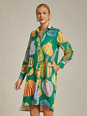 abito camicia da donna con stampa zucca verde, scollo a V, vestibilità ampia, orlo asimmetrico, spacco, per vacanza, quotidiano, lavoro, festa, autunno, primavera, estate economico Abiti floreali-abito camicia da donna con stampa zucca verde, scollo a V, vestibilità ampia, orlo asimmetrico, spacco, per vacanza, quotidiano, lavoro, festa, autunno, primavera, estate