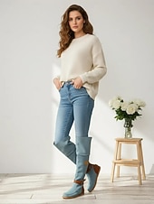 preiswerte Modische Stiefel-Kniehohe Stiefel aus Wildleder für Damen mit Keilabsatz und Schnallenriemen - Freizeitstiefel im Bohème-Stil in Jeansblau