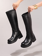 女性用ブラウンニーハイフェイクレザーブーツ - 秋のファッション、学校、アウトドアに最適なモダンスタイルのローヒール乗馬ブーツ お買い得  乗馬ブーツ(じょうばブーツ)-女性用ブラウンニーハイフェイクレザーブーツ - 秋のファッション、学校、アウトドアに最適なモダンスタイルのローヒール乗馬ブーツ