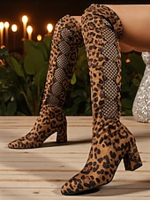levne Módní boty-Dámské kozačky nad kolena s leopardím vzorem a síťovaným výřezem - boty na masivním podpatku pro párty, noční život, klubové oblečení a taneční akce