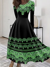 olcso Boho ruha-Női Maxiruha A vonalú ruha Fit and Flare ruha Szabadság Alkalmi Boho Parti Napi Alkalmi Normál Grafika Törzsi Hosszú ujj Terített nyak Sárga Medence Bíbor Lóhere Nyár Tavasz Ősz Tél