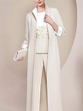 cheap Mom&#039;s Pant Suits-Pantsuit 3 Piece Mother of the Bride  Formal Wedding Guest Elegant Scoop Neck Floor Length Lace Stretch Fabric 3/4 Length Sleeve Wrap Included with Appliques