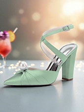 cheap Cocktail-Women&#039;s Blue Satin Block Heel Pumps with Pearl Detail and Ankle Strap - Elegant Pointed Toe Shoes for Formal Occasions and Cocktail Parties