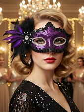 billige Motetilbehør-Damemaske med fjær og paljetter i burgunder med strass, gotisk venetiansk stil, kostymetilbehør til halloween-fester og maskeradeball