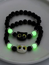 levne Módní doplňky-Dámský halloweenský korálkový náramek s kočkou, který svítí ve tmě – roztomilý černobílý strečový náramek s kočičím přívěskem na párty, cosplay a dárky