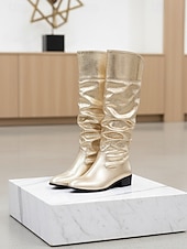 abordables Botas de moda-Botas altas hasta la rodilla holgadas con tacón bajo y diseño metalizado dorado para mujer: calzado de fiesta brillante para la vida nocturna, discotecas y moda nocturna.