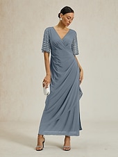 abordables Robe Simple-Femmes Robe maxi Robe fourreau Élégant Couleur Unie Manche Courte Col en V Bleu Poudré Été Printemps Automne