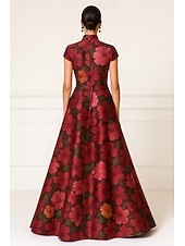 baratos Vestidos de Festa Sereia-Linha A Longo Vestidos de baile Vestidos de noite Vestido de Baile Vestido formal Elegante Vintage Manga Curta Ondulado Casamento Natal Bolsos Cetim com Estampa floral