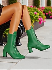 baratos Botas de tornozelo-Botas femininas de couro sintético com cadarço e salto grosso, estilo vintage, perfeitas para looks casuais e retrô.