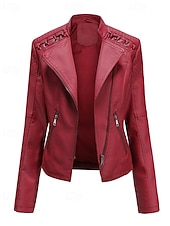 economico Pellicce &amp; Pelli-Per donna Giacca in Ecopelle Confortevole Cerniera Tasca Casual Semplice Vacanza Abbigliamento quotidiano Uscire Weekend Regolare Collo ripiegato Vestibilità regolare Manica Lunga Capispalla Nero