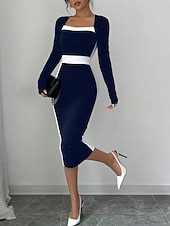 billiga Randig och geometrisk klänning-Dam Midiklänning Sheath Dress Ledigt Helgdag Utekväll Normal Randig Långärmad Fyrkantig hals Svart Fuchsia Mörkblå Vår Höst Vinter