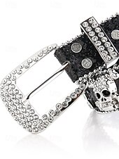 abordables Accessoires d&#039;Halloween-Ceinture unisexe Halloween en strass avec tête de mort – Accessoire de taille en similicuir punk rock scintillant pour fêtes, concerts et costumes