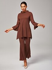 abordables Ensembles deux pièces-Ensemble chemisier en mousseline de soie marron pour femme, pantalon à pattes d&#039;éléphant, ajusté, fluide, avec des accents transparents, élégant, confortable, stylé, tenue de soirée pour le travail au quotidien