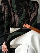 abordables Camiseta de Arte &amp; Diseño-Mujer Camiseta Estampado Graphic Abstracto Geometría Elegante Vintage Clásico Manga Larga Cuello Alto Cuello asimétrico Tops regulares Diario Verde Oscuro Primavera Otoño Invierno