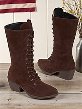 baratos Botas de combate-Botas femininas de cano médio em camurça sintética marrom escuro com salto grosso – botas estilo vintage para outono e inverno e uso diário