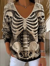 Halloween Women's Sweater Skeleton  Vintage Streetwear Cool Graphic Skeleton V Neck Print Long Sleeve Regular Tops KnitBlack Orange Fall Winter3