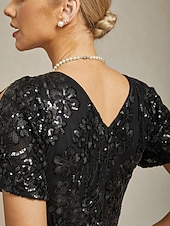  Per donna Abito maxi Tubino Abito a sirena Elegante Festa cocktail Spalle scoperte Festa serale Cocktail party Paillettes Floreale Manica Corta Scollo a V Nero