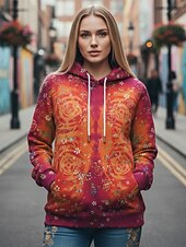 Недорогие Графический магазин Свитшоты и Худи-Жен. Pullover Худи Роуз Мода Уличный стиль На каждый день Длинный рукав Капюшон Обычные топы На каждый день Повседневные Спорт Кулиска Карман С принтом Красный Пурпурный Весна Осень