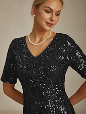  בגדי ריקוד נשים שמלת מידי שמלת שיפט אלגנטית מסיבה מפלגה חתונה פאייטים רקום נצנוץ רגיל פרחוני שרוולים קצרים צווארון V שחור