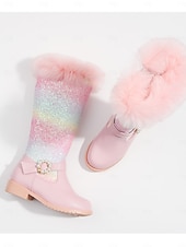 levne Dětská obuv-Dívčí duhové třpytivé kozačky pod kolena s lemem z umělé kožešiny a perleťovou sponou - třpytivé zimní boty pro děti na párty a svátky.