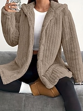 billiga Fleece-fodrade jackor-Dam Sherpajacka Bekväm Andningsfunktion Ficka Knappar Ledigt Slät Semester Gata Ledigt Dagliga kläder Enkelknäppt Lång Huva Lös passning Långärmad Ytterkläder Svart Rodnande Rosa Rubinrött Vår Höst