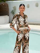 preiswerte Blusen-Damen Weiblich Blumenmuster Lässig Armeegrün Bestickt 3/4 Ärmel Elegant Bohemien Urlaub Hemdkragen Sommer Frühling