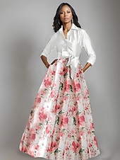 economico Lunghezza del pavimento-Abito madre della sposa A-Line abito elegante a righe floreali abito a camicia elegante con fiocco pieghe lungo fino al pavimento colletto a camicia in satin maniche 3/4 con bottoni primavera estate