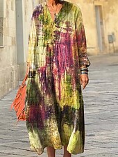 preiswerte Kunst &amp; Design Kleider-Damen Midikleid Sommerkleid A Linie Kleid Urlaub Lässig Boho Ausgehen Strand Lässiger Schnitt Grafik Geometrisch Langarm V Ausschnitt Rosa Blau Purpur Grün Frühling Herbst Winter