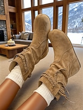 olcso Slouch Boots-Női velúr csizma, fonott bojtos részletekkel, bohém lezser stílusú, kényelmes, lapos talpú cipő, női városi utcai viseletre és mindennapi viseletre.