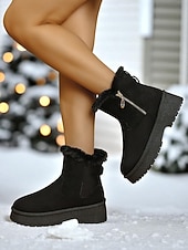 abordables Bottes de neige et d&#039;hiver-Bottes de neige décontractées en similicuir pour femme avec fermeture éclair latérale et bordure en fourrure – chaussures d&#039;hiver confortables et décontractées