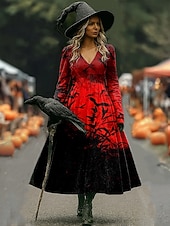 tanie Strój na Halloween-Halloween Damskie Sukienka midi Sukienka A line Urlop Codzienny Codzienny Regularny Kwiaty Graficzny Hokus Pokus Długi rękaw W serek Czarny Czerwony Brązowy Wiosna Jesień