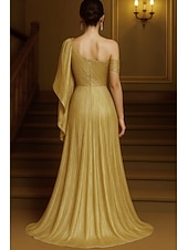 cheap A-Line Evening Dresses-A-Line Floor Length Evening Gown Ball Gown Formal Dress Elegant Short Sleeve One Shoulder Wedding Formal Capes Lurex Fabric with Glitter Ruffles