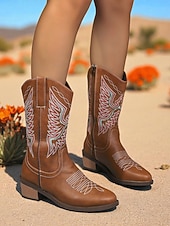 levne Cowboy &amp; Western Boots-Dámské hnědé kovbojské westernové boty z umělé kůže s vyšívaným prošíváním, nízké podpatky do půli lýtek na rodeo, festivaly i každodenní nošení