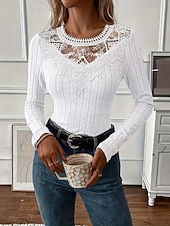 economico Top in Pizzo-Per donna Blusa Pizzo Patchwork Tinta unica Elegante Essenziale Casual Manica Lunga Girocollo Top Regolari Quotidiano Nero Bianco Rosa Viola Grigio Primavera Autunno Inverno