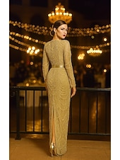 cheap Mermaid Evening Dresses-Mermaid Trumpet Sheath Column Floor Length Prom Dresses Evening Gown Ball Gown Formal Dress Elegant Long Sleeve Crew Neck Wedding Formal Pink Dress Sequined with Beading Sequin