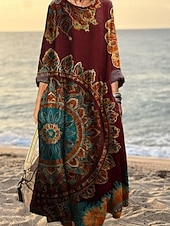 preiswerte Druck Blumen Kleider-Damen Langes Kleid Maxikleid Freizeitkleid Druckkleid Elegant Mode Modern Outdoor Täglich Ausgehen Normale Passform Grafik Langarm Rundhalsausschnitt Rote Blau Orange Braun Frühling Herbst