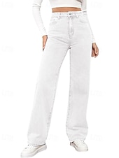 billige brede ben og høy midje-Dame Jeans kinesisk Rett Ferie Årgang Gatemote Full lengde Middels midje عادي Lomme Elastisk midje Bekvem Uelastisk Mikroelastisk utendørs Gate Daglig Svart Grå Marine Svart Hvit Høst Vinter Normal