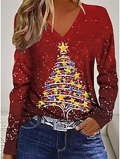 abordables Hauts de Noël-Noël Femmes T-shirt Graphique Bonhomme de neige ancien Élégant Classique manche longue Col en V Hauts Réguliers Quotidien Imprimé Gris / Rouge Noir + blanc + rouge Noir Vin Rouge Printemps Automne