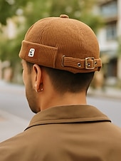cheap Men's Hats-Men's Corduroy Brimless Beanie Hat, Retro Docker Cap with Adjustable Strap, Casual Streetwear Skullcap for Fall and Winter