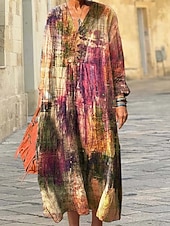 preiswerte Kunst &amp; Design Kleider-Damen Midikleid Sommerkleid A Linie Kleid Urlaub Lässig Boho Ausgehen Strand Lässiger Schnitt Grafik Geometrisch Langarm V Ausschnitt Rosa Blau Purpur Grün Frühling Herbst Winter