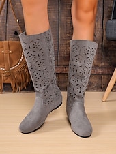 cheap Slouch Boots-Women&#039;s Slouchy Mid-Calf Boots with Floral Cutout Design, Casual Boho Style for Autumn Street and Everyday Wear