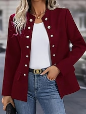 economico Blazer e Completi-Women's Blazer Comfortable Breathable Pocket Buttons Casual Plain Casual Office Street Daily Wear Single Breasted Regular Stand Collar Regular Fit Long Sleeve Outerwear Black White Wine Spring Fall