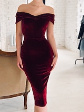 abordables Robe de cocktail-Femmes Robe Midi Robe en Velours Robe de Soirée Robe de Cocktail Robe fourreau Élégant Moderne Soirée Coupe régulière Uni Manche Courte Épaules Dénudées Noir Vin bleu marine Bleu paon Printemps