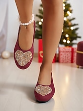 cheap Women&#039;s Christmas Shoes-Women&#039;s Burgundy Faux Suede Flats with Sparkly Heart Rhinestone Design – Chic Dress Shoes for Ladies, Great for Christmas Parties and Daily Outfits