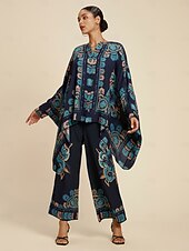 お買い得  シャツ、トップス、ブラウス-レディース シフォン エスニック フローラル プレースメント プリント ルーズ ドルマンスリーブ クルーネック ボタンフロント ブラウス