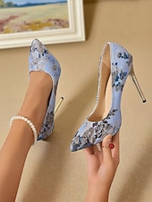 olcso Stiletto sarkú cipők-női kék virágmintás jacquard tűsarkú cipő - elegáns hegyes orrú, fémes arany sarokkal mindennapi viseletre, koktélpartikra és esti rendezvényekre
