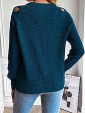 billige Solide farger-Dame Genser Gatemote Fritid Helfarge Crew-hals Uthult Strikket Langermet Vanlige topper Strikke Daglig Ferie Ut på byen Svart Blå Høst Vinter