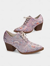 abordables Zapatos Oxford de mujer-Zapatos Oxford con cordones y diseño paisley vintage de los años 50 para mujer: zapatos de vestir de tacón cuadrado retro para profesionales artísticos y ropa de oficina de otoño.