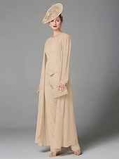 abordables Costumes-pantalons pour maman-Pantalon de mariage à la plage ensemble de 3 pièces mère de la mariée invitée de mariage formelle élégante grande taille avec encolure bateau longueur au sol manches longues enveloppe incluse avec