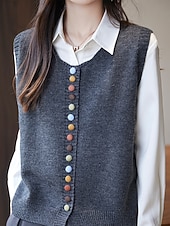 cheap Sweater Vest-Women&#039;s Sweater Sweater Vest Streetwear Casual Solid Color Crew Neck Buttons Knitted Sleeveless Regular Tops Knit Daily Holiday Going out Black Red Fall Winter